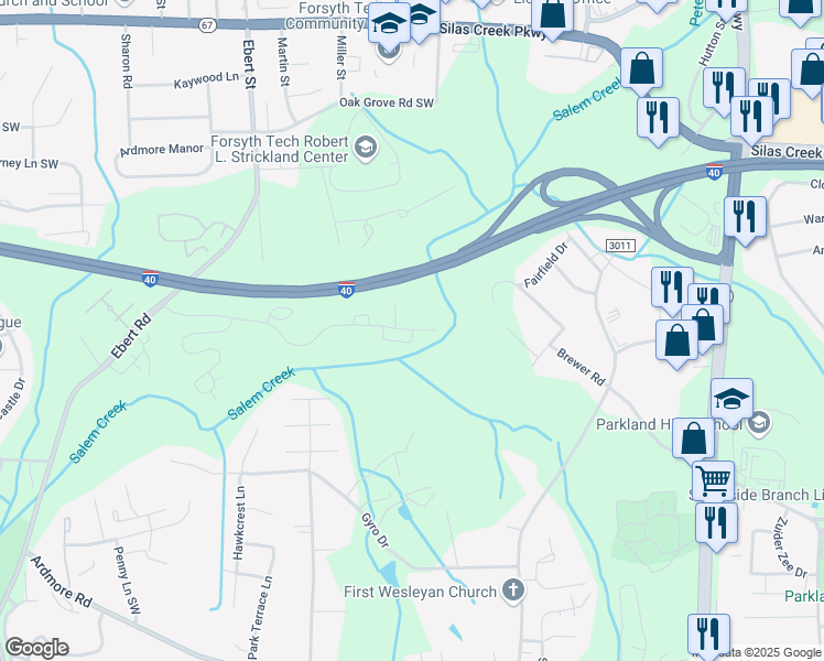 map of restaurants, bars, coffee shops, grocery stores, and more near 800 Salem Crest Circle in Winston-Salem