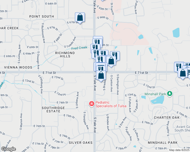 map of restaurants, bars, coffee shops, grocery stores, and more near 7117 South Yale Avenue in Tulsa
