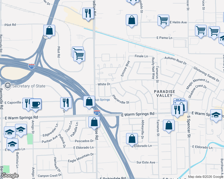map of restaurants, bars, coffee shops, grocery stores, and more near 1078 Placerville Street in Las Vegas