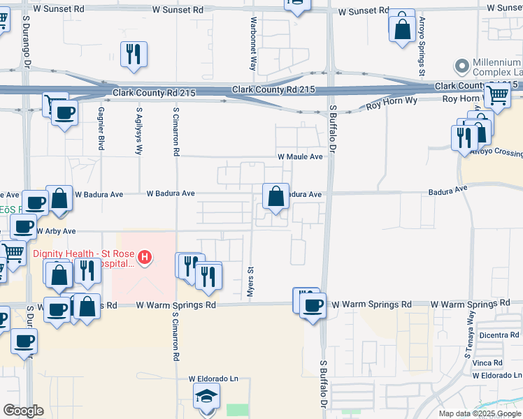 map of restaurants, bars, coffee shops, grocery stores, and more near 7955 West Badura Avenue in Las Vegas
