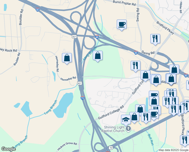 map of restaurants, bars, coffee shops, grocery stores, and more near 5619 Hornaday Road in Greensboro