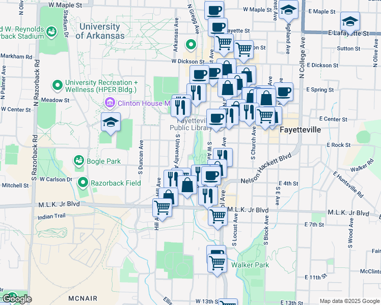 map of restaurants, bars, coffee shops, grocery stores, and more near 235 South Gregg Avenue in Fayetteville