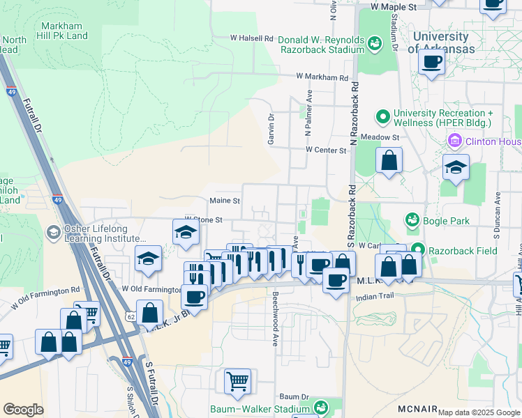 map of restaurants, bars, coffee shops, grocery stores, and more near 1853 Bedford Loop in Fayetteville