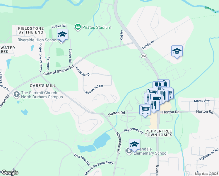 map of restaurants, bars, coffee shops, grocery stores, and more near 3027 Rosewood Circle in Durham