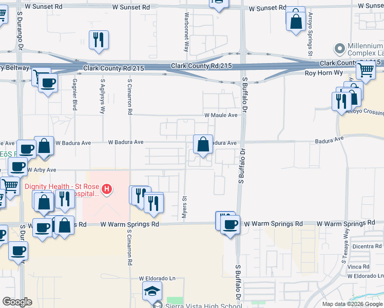 map of restaurants, bars, coffee shops, grocery stores, and more near 7955 West Badura Avenue in Las Vegas
