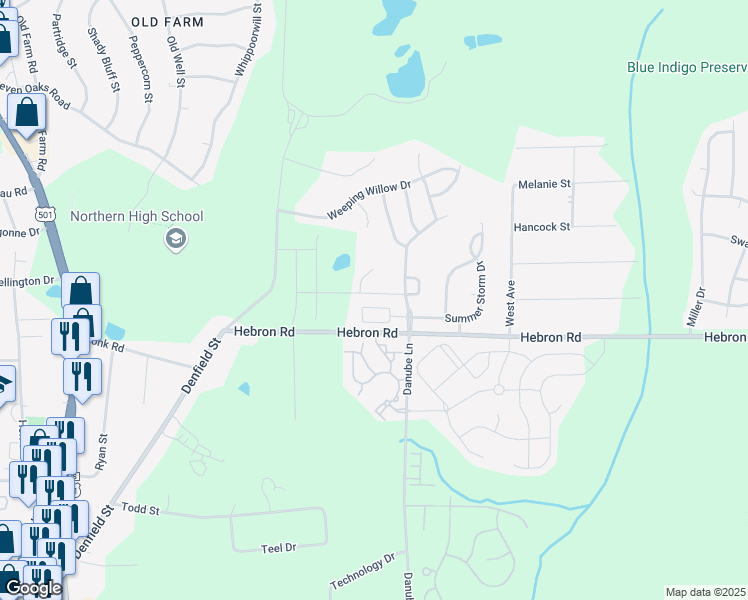 map of restaurants, bars, coffee shops, grocery stores, and more near 408 Summer Breeze Drive in Durham