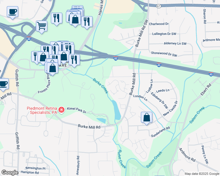 map of restaurants, bars, coffee shops, grocery stores, and more near 2268 King George Court in Winston-Salem