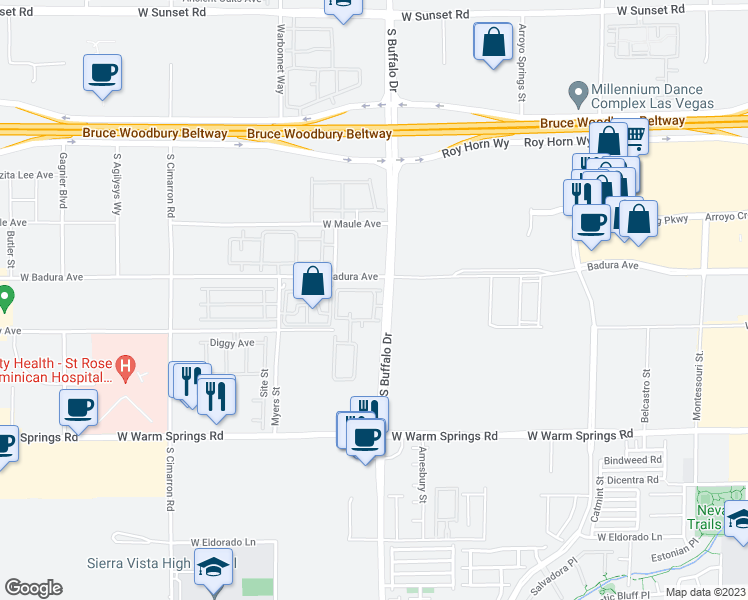 map of restaurants, bars, coffee shops, grocery stores, and more near 7017 South Buffalo Drive in Las Vegas