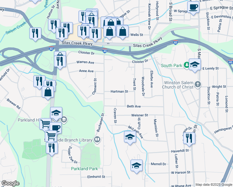 map of restaurants, bars, coffee shops, grocery stores, and more near 618 Hartman Street in Winston-Salem