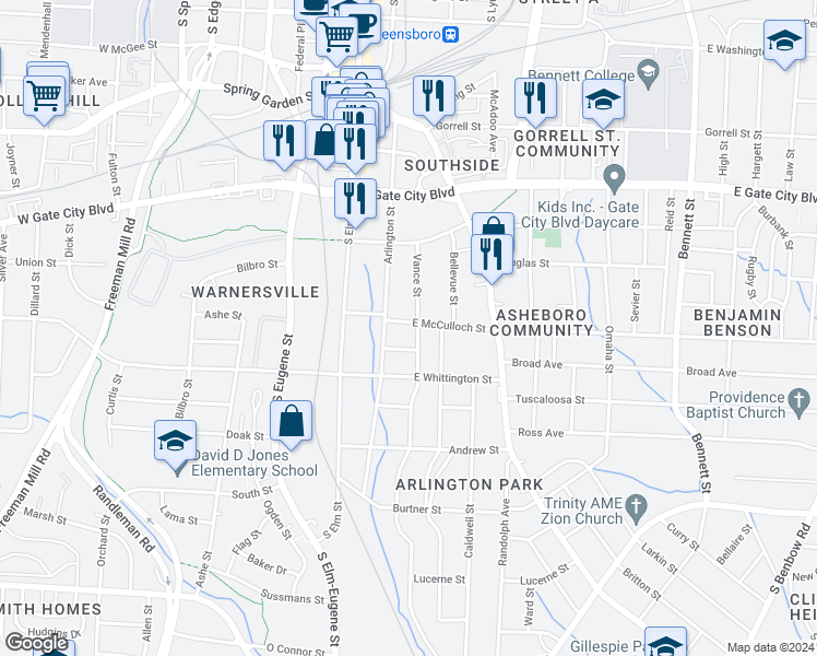 map of restaurants, bars, coffee shops, grocery stores, and more near 208 East McCulloch Street in Greensboro