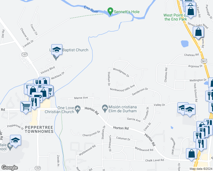 map of restaurants, bars, coffee shops, grocery stores, and more near 2803 Stadium Drive in Durham