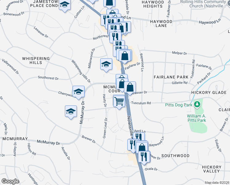 map of restaurants, bars, coffee shops, grocery stores, and more near 418 McCain Drive in Nashville