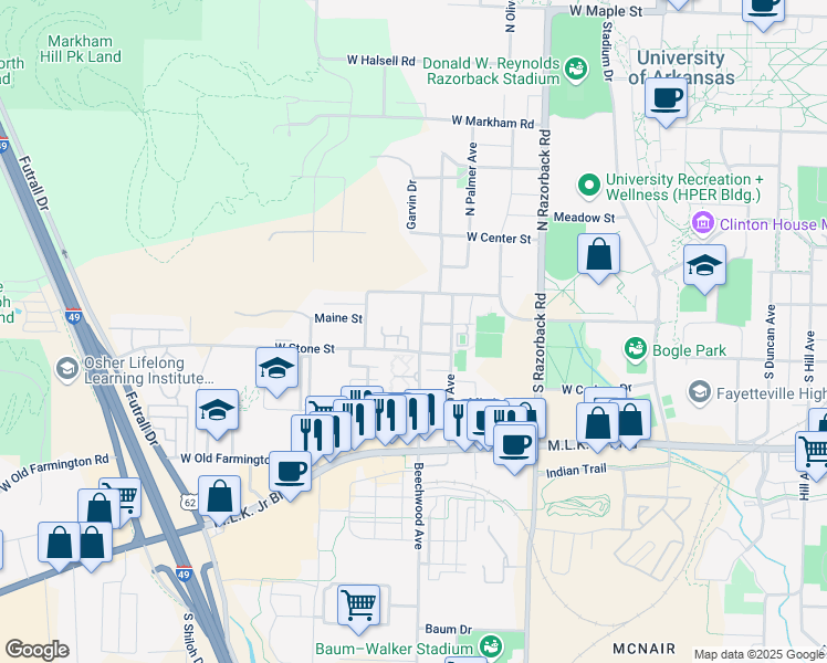 map of restaurants, bars, coffee shops, grocery stores, and more near 280 Lewis Avenue in Fayetteville
