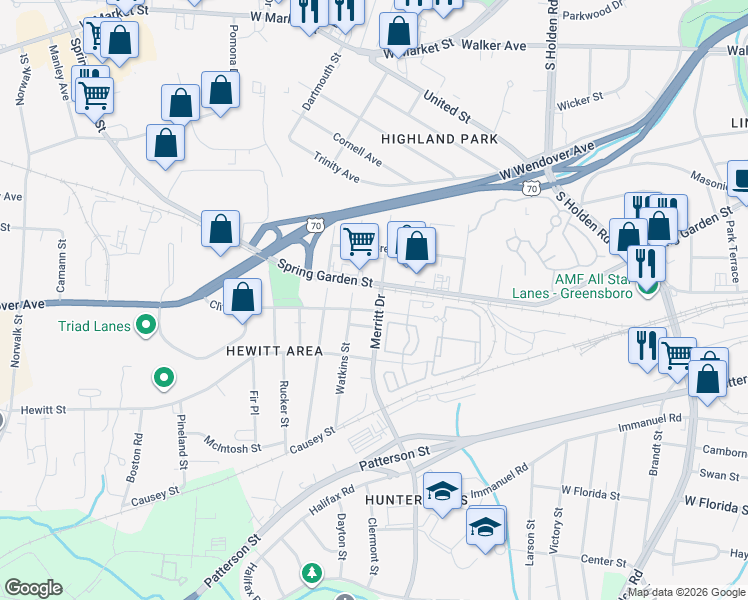 map of restaurants, bars, coffee shops, grocery stores, and more near 3636 Clifton Road in Greensboro
