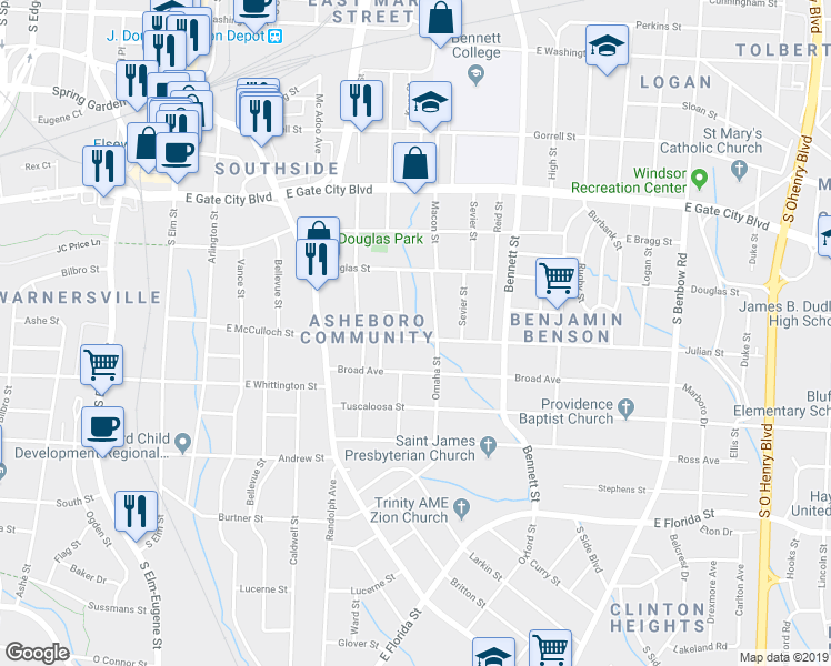 map of restaurants, bars, coffee shops, grocery stores, and more near 615 Julian Street in Greensboro