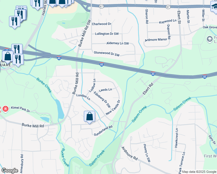 map of restaurants, bars, coffee shops, grocery stores, and more near 2122 Leeds Lane in Winston-Salem