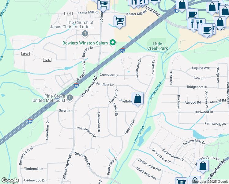 map of restaurants, bars, coffee shops, grocery stores, and more near 104 Foxcroft Drive in Winston-Salem