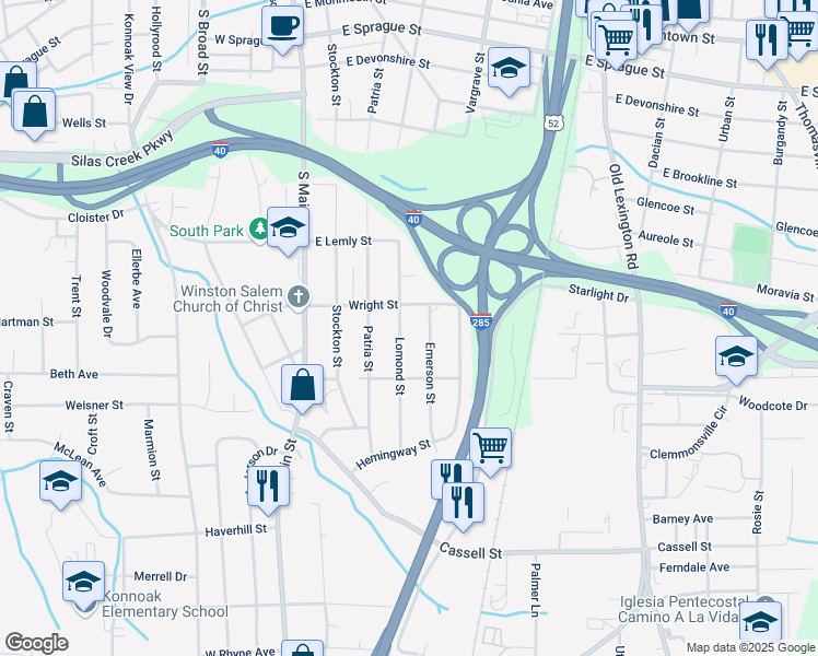 map of restaurants, bars, coffee shops, grocery stores, and more near 2832 Lomond Street in Winston-Salem