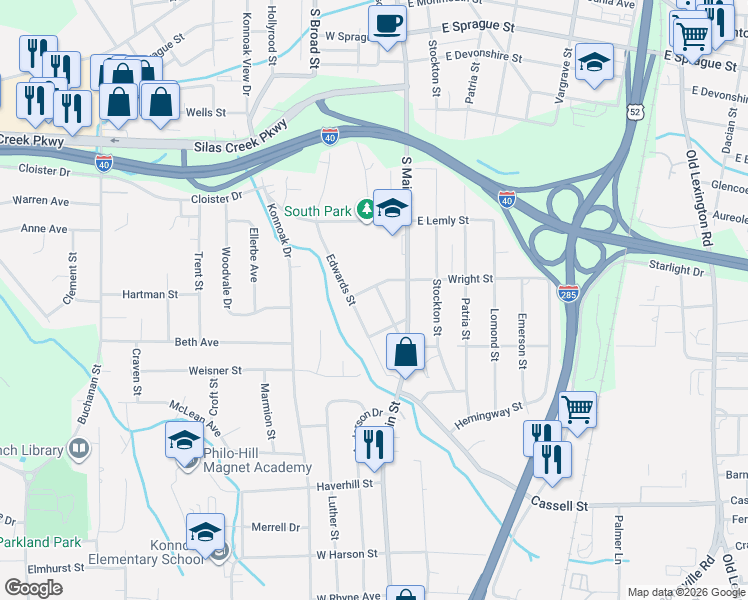 map of restaurants, bars, coffee shops, grocery stores, and more near 2829 Woodleigh Street in Winston-Salem
