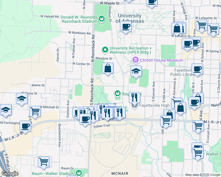 map of restaurants, bars, coffee shops, grocery stores, and more near 1201 Leroy Pond Drive in Fayetteville