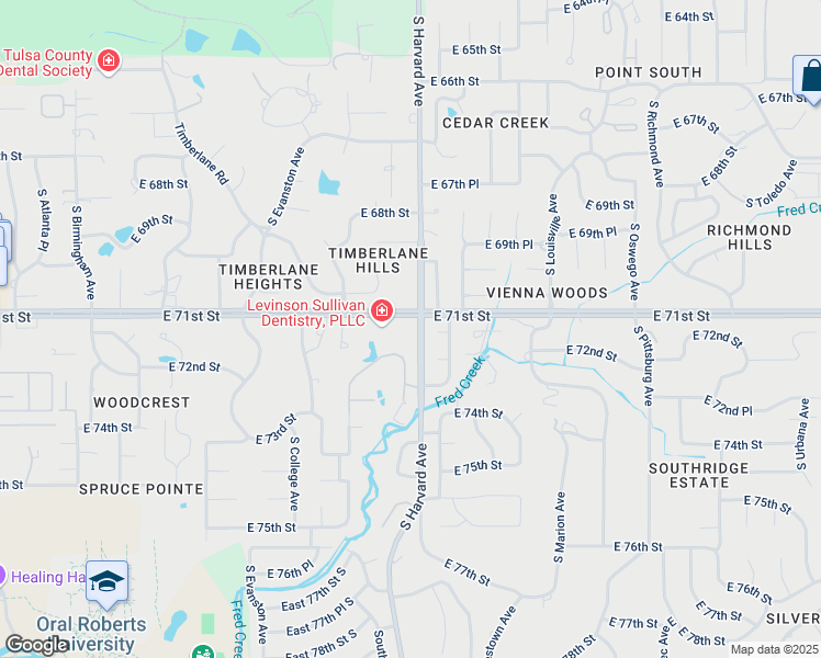 map of restaurants, bars, coffee shops, grocery stores, and more near 7100 South Harvard Avenue in Tulsa