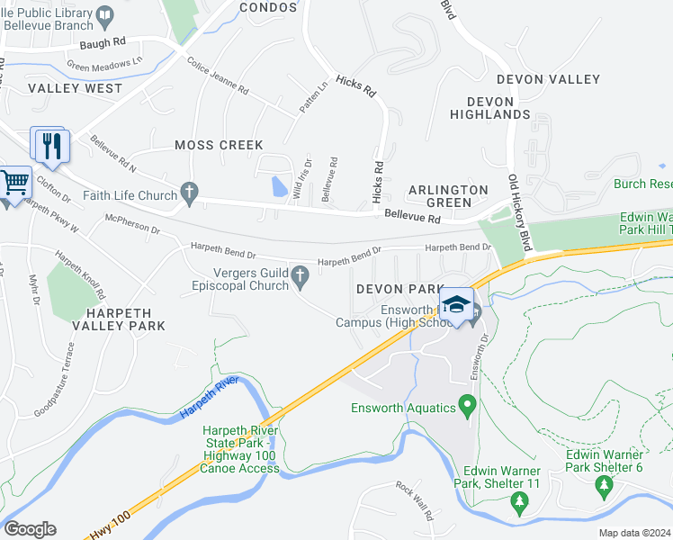 map of restaurants, bars, coffee shops, grocery stores, and more near 601 Harpeth Bend Drive in Nashville