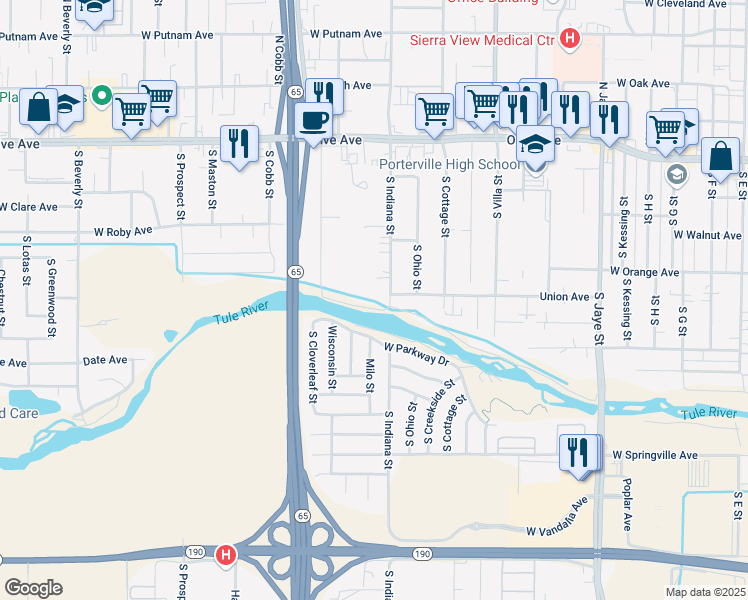 map of restaurants, bars, coffee shops, grocery stores, and more near 303 S Indiana St in Porterville