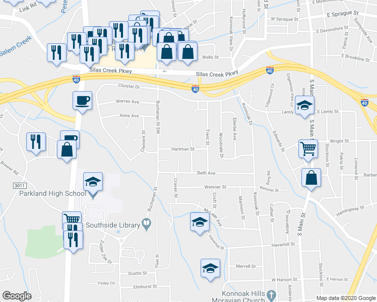 map of restaurants, bars, coffee shops, grocery stores, and more near 2900 Cockerham Street in Winston-Salem