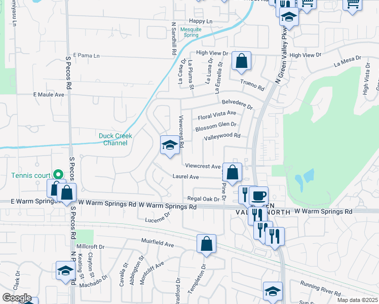 map of restaurants, bars, coffee shops, grocery stores, and more near 2341 Moorpark Way in Henderson
