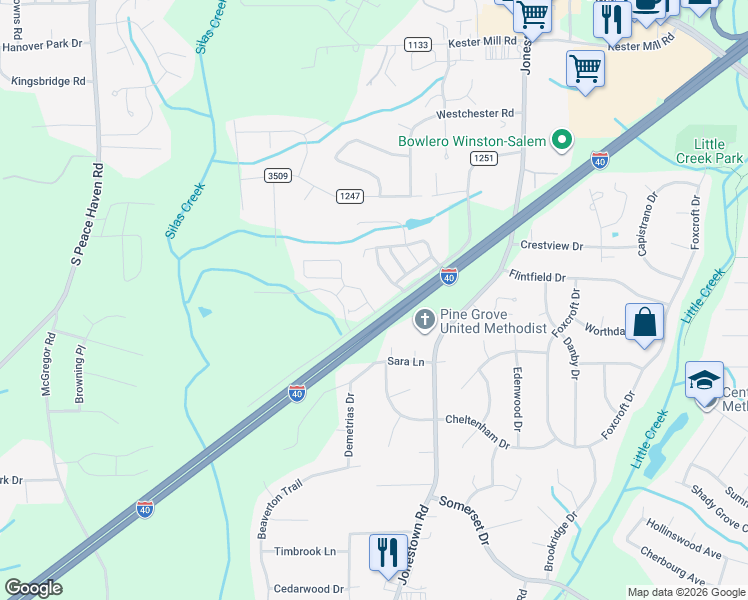 map of restaurants, bars, coffee shops, grocery stores, and more near 1195 Augustine Heights Drive in Winston-Salem