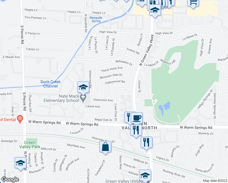 map of restaurants, bars, coffee shops, grocery stores, and more near 2343 Lone Pine Street in Henderson