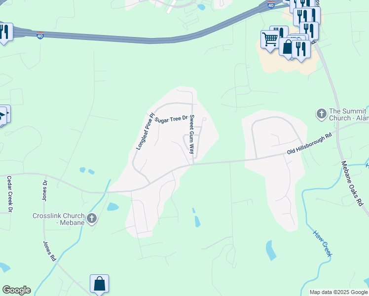 map of restaurants, bars, coffee shops, grocery stores, and more near Palm Court in Mebane