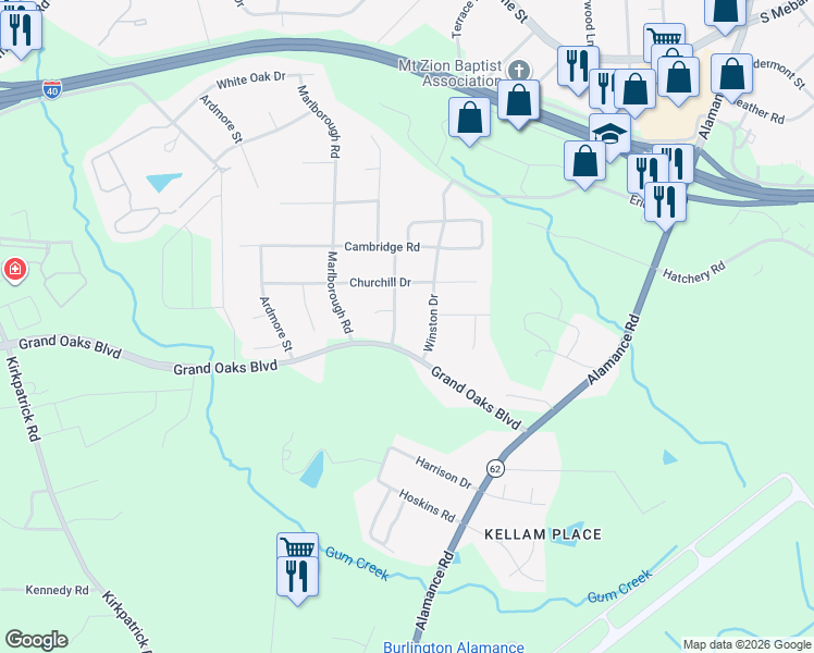 map of restaurants, bars, coffee shops, grocery stores, and more near 3338 Winterbell Drive in Burlington