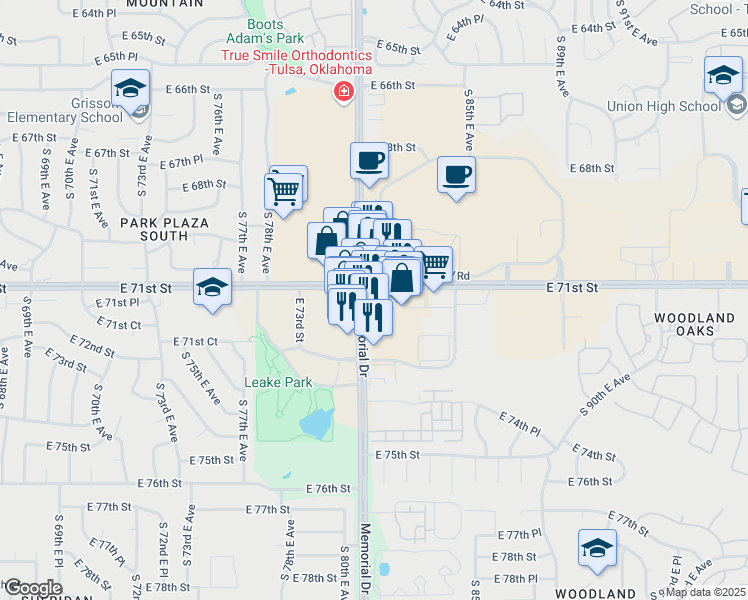 map of restaurants, bars, coffee shops, grocery stores, and more near 7121 South Memorial Drive in Tulsa