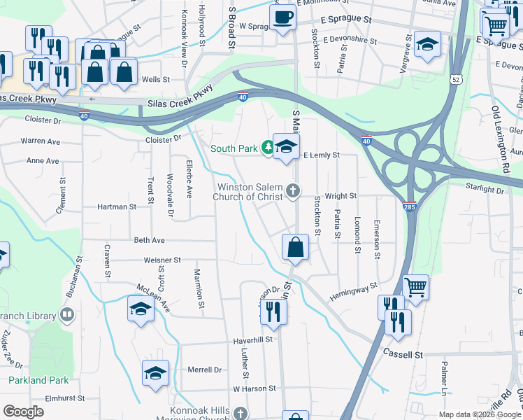 map of restaurants, bars, coffee shops, grocery stores, and more near 2801 Edwards Street in Winston-Salem