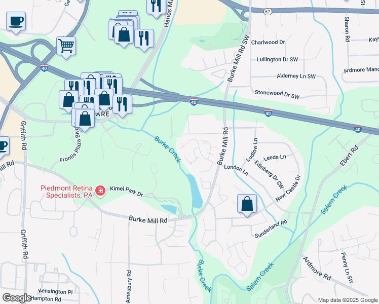 map of restaurants, bars, coffee shops, grocery stores, and more near 2233 King George Court in Winston-Salem