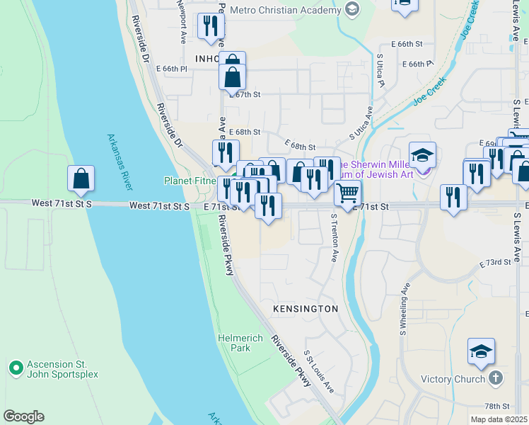 map of restaurants, bars, coffee shops, grocery stores, and more near 1406 E 71st St in Tulsa