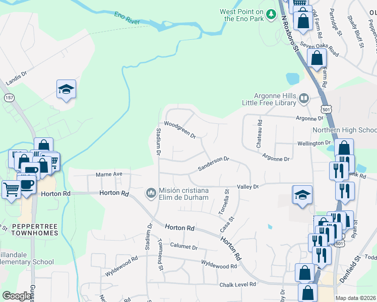 map of restaurants, bars, coffee shops, grocery stores, and more near 818 Northwood Hills Avenue in Durham