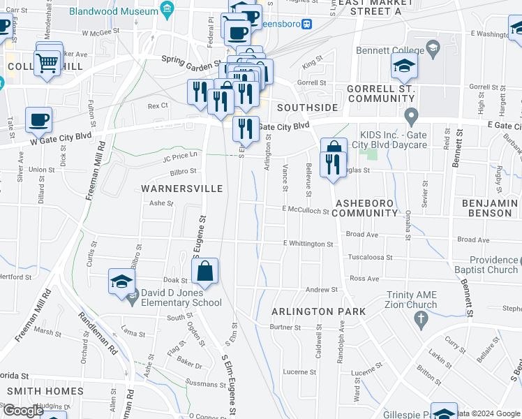 map of restaurants, bars, coffee shops, grocery stores, and more near 201 Gilbert Street in Greensboro