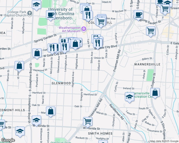 map of restaurants, bars, coffee shops, grocery stores, and more near 909 Silver Avenue in Greensboro