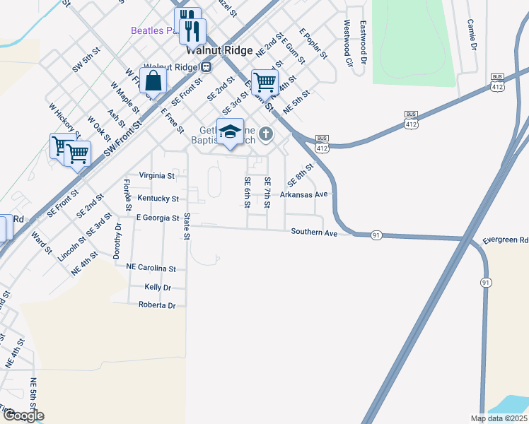 map of restaurants, bars, coffee shops, grocery stores, and more near 903 Southeast 7th Street in Walnut Ridge