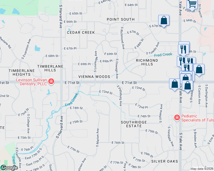 map of restaurants, bars, coffee shops, grocery stores, and more near 3877 East 72nd Street in Tulsa