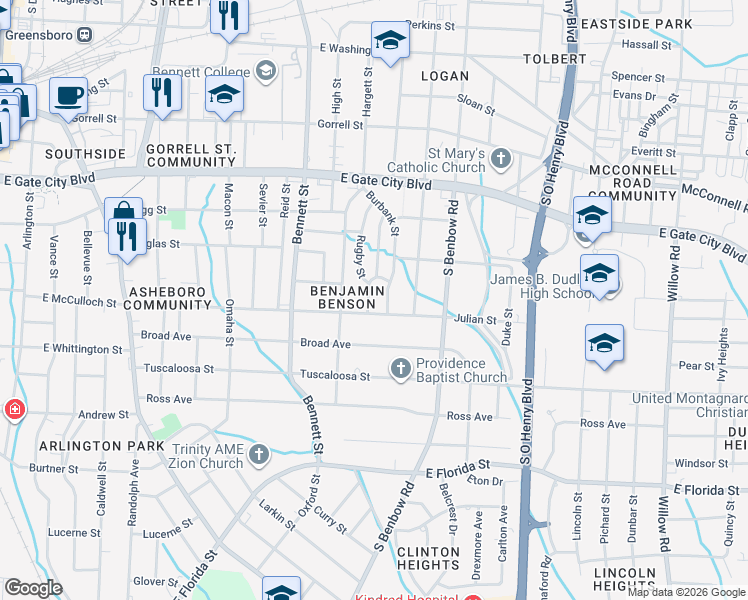 map of restaurants, bars, coffee shops, grocery stores, and more near in Greensboro