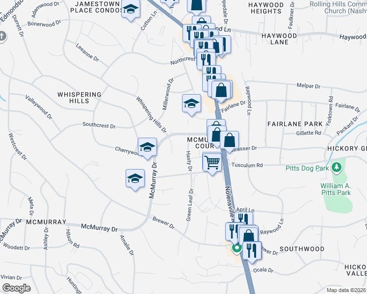 map of restaurants, bars, coffee shops, grocery stores, and more near 5011 Hasty Drive in Nashville