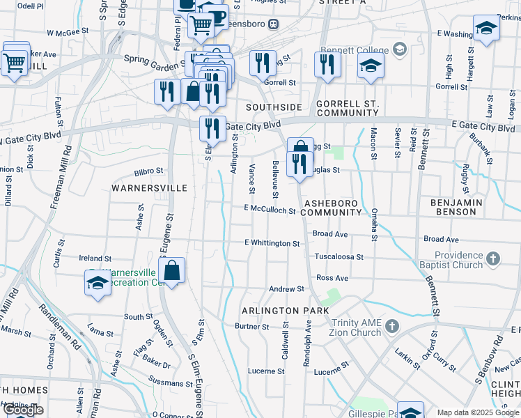 map of restaurants, bars, coffee shops, grocery stores, and more near East McCulloch Street in Greensboro