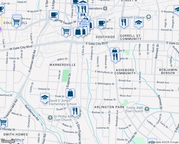 map of restaurants, bars, coffee shops, grocery stores, and more near 800 Arlington Street in Greensboro