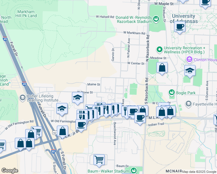 map of restaurants, bars, coffee shops, grocery stores, and more near 1853 Bedford Loop in Fayetteville