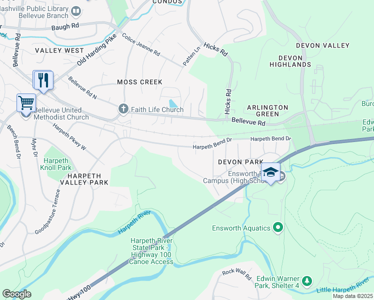 map of restaurants, bars, coffee shops, grocery stores, and more near 611 Harpeth Bend Drive in Nashville
