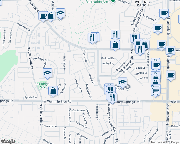 map of restaurants, bars, coffee shops, grocery stores, and more near 446 Mayan Drive in Henderson