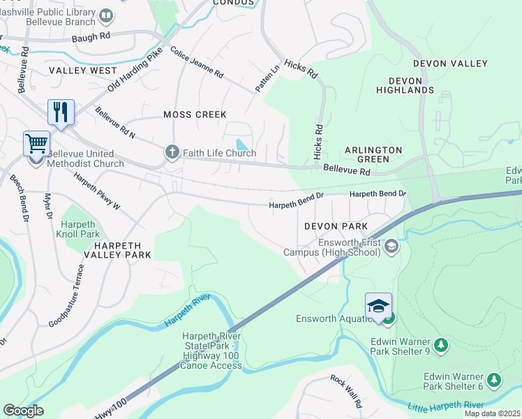 map of restaurants, bars, coffee shops, grocery stores, and more near 611 Harpeth Bend Drive in Nashville